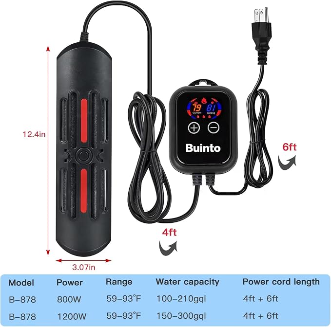 Aquarium Heater, 800W, 1200W Bold Double Quartz Tube Heater, Fast Heating, high-Definition Digital Touch Controller, Energy Saving. (Applicable to Fresh Water and sea Water) (1200W)