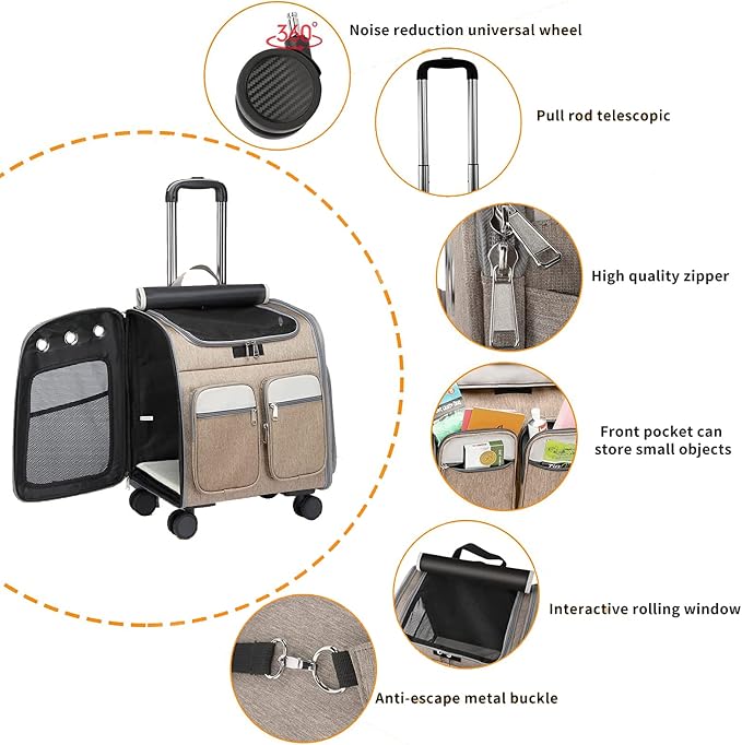 Wheeled Pet Carrier Backpack Pet Stroller,Travel Carrier with Detachable Wheels for Small Dogs Cats Puppies Up to 17 Lbs, Folding Puppy Carrier,Mesh Ventilation Windows, Storage Pockets