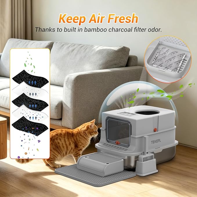 Stainless Steel Litter Box with Lid,Top Entry Litter Box, Extra Large Cat Litter Box,High Sided, Anti-Urine Leakage, Non-Stick Bottom Comes with Litter Mat & Metal Scoop,Grey