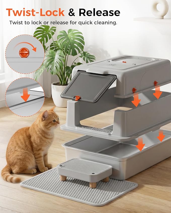 XXXL Stainless Steel Cat Litter Box with Lid, 27.5"×20.1"×17.3" Jumbo Enclosed Litterbox,Dual-Entry (Front Entry & Top Exit),High-Sided,Non-Stick,Odor Control,for Big Cats, with Mat,Scoop & Step,Grey