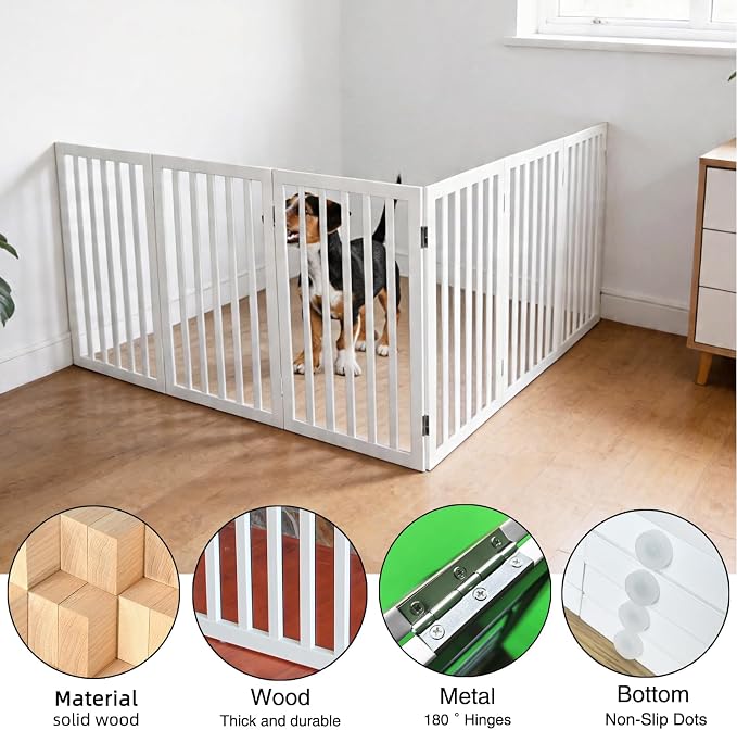 Dog Gate Indoor, Freestanding Dog Fence for The House, Doorways, Hallways,or Stairs,Pet Gate Foldable Wooden,Expandable 32" Height 6 Panels,White