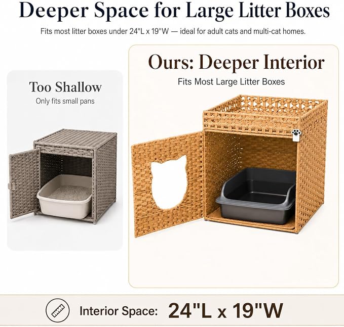 Handwoven Rattan Cat Litter Box Enclosure for Large Litter Box, Includes 1 Litter Mat & 2 S-Hook Attachments, Furniture-Grade Hidden House for Living Room, Bedroom, 24.6"x24"x19.88", Natural