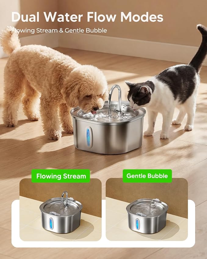PEKTACO Stainless Steel Cat Water Fountain, 3.2L/108oz Cat Water Dispenser with Quiet Water Pump, Dishwasher Safe Pet Drinking Fountain for Cats with 3 Filters + 3 Sponges
