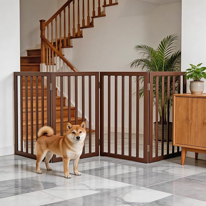 Dog Gate Indoor, Freestanding Dog Fence for The House, Doorways, Hallways,or Stairs,Pet Gate Foldable Wooden,Expandable 32" Height 4 Panels,Brown