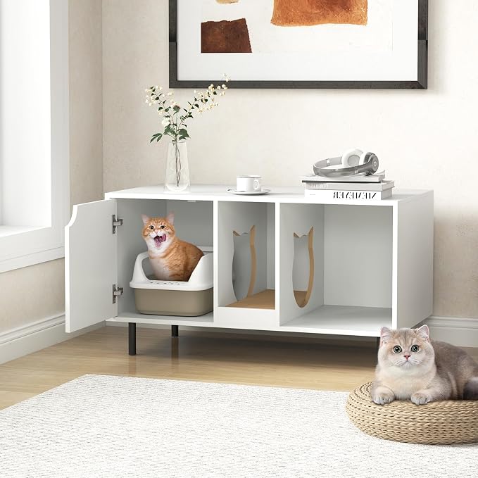 PETSITE Cat Little Box Enclosure, Litter Box Furniture with Removable Scratcher, Metal Legs, Cat Box Enclosure End Side Table, Hidden Litter Box Furniture, 40 x 21 x 22 inches (White)