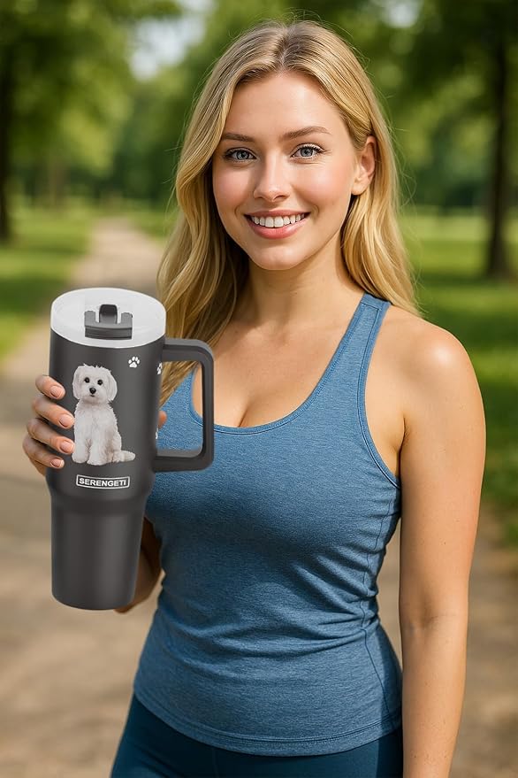 E&S Pets SERENGETI 40 Oz Ultimate Tumbler with Handle and Straw - Vacuum Insulated Tumbler with Straw and Lid - Stainless Steel Travel Mug for Pet Lovers - 3D Designs of your favorite Dog (Maltese)
