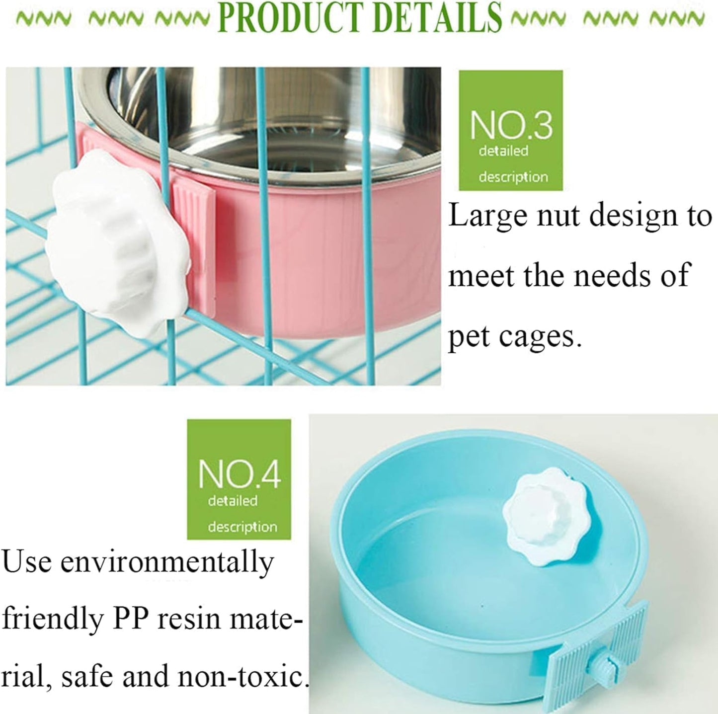 kathson Crate Dog Bowl, Removable Stainless Steel Hanging Pet Kennel Cage Bowl Food & Water Feeder Coop Cup for Puppy, Cat, Rabbit,Guinea Pigs 2pcs (Blue,Green)
