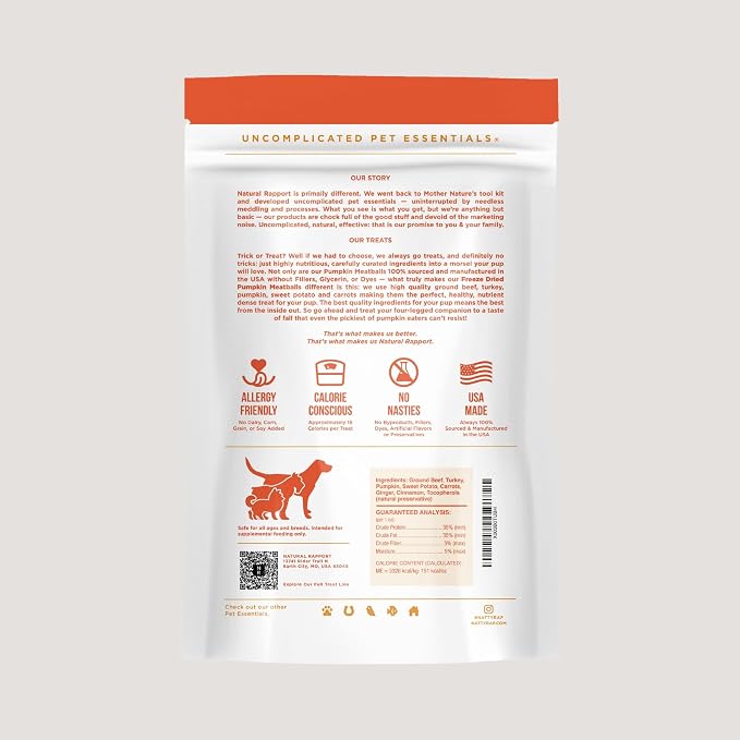 Natural Rapport Freeze Dried Pumpkin Meatballs Dog Treats - Beef, Turkey & Pumpkin, Limited Ingredient for Sensitive Stomachs (4 oz) (30+ Treats)