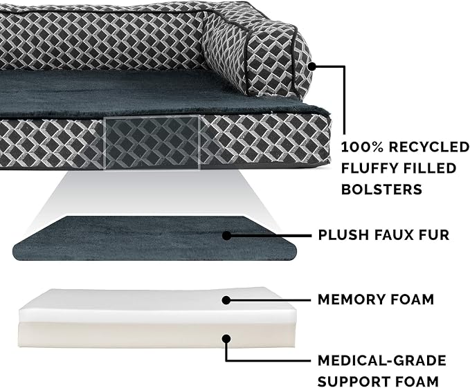 Furhaven Memory Foam Dog Bed for Large Dogs w/ Removable Bolsters & Washable Cover, For Dogs Up to 125 lbs - Plush & Woven Decor Comfy Couch Sofa - Diamond Gray, Jumbo Plus/XXL