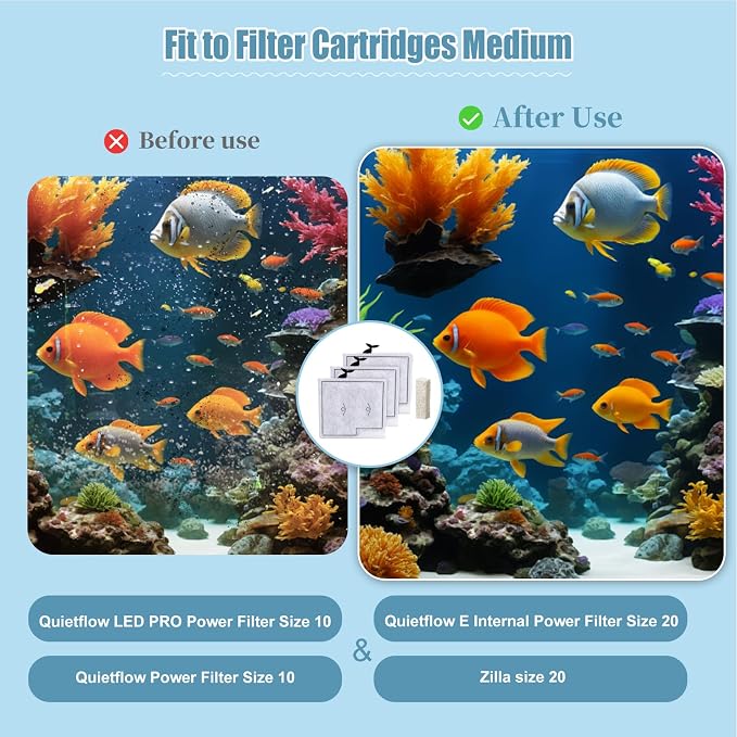 18pcs Medium Filters Cartridges+ 14pcs Ammonia Reducer Filter Pads Compatible with QuietFlow LED PRO Power Filter Size 10 & E Internal Power Size 20 & Zilla Size 20