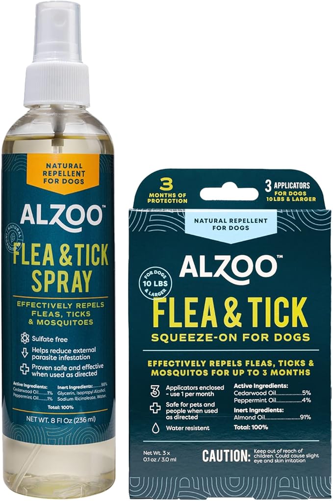 ALZOO Plant Based Flea & Tick Repellent Squeeze-On for Dogs and 8 Fl. Oz. Flea & Tick Repellent Spray for Dogs,Plant-Based Active Ingredients