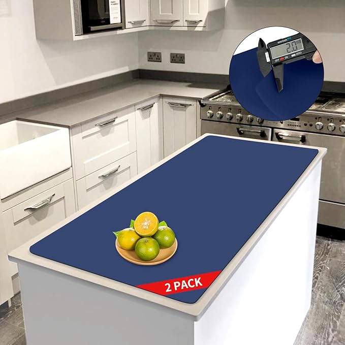 2MM Extra Thick Silicone Kitchen Counter Mat, 47.2" x 23.6" Non-Slip Heat Resistant Countertop Protector, Extra Large Craft and Kitchen Mat, 2-Pack, Deep Blue