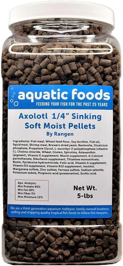 Axolotl Food 1/4" Soft Moist Sinking Salmon Pellets for Adult Axolotl Also Shrimp, Snails, Crabs, Crayfish, Bottom Tropical Fish...5-lb Lg Jar