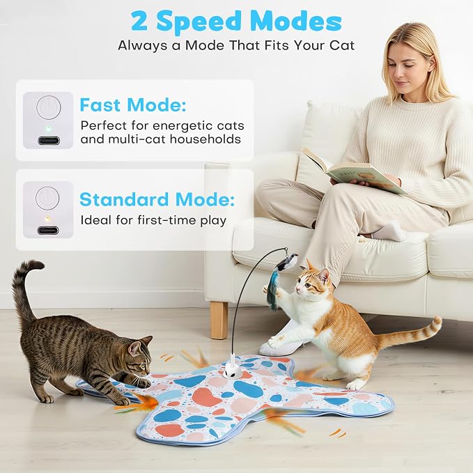 Interactive Cat Toys with Bird, Hide and Seek Cat Toy, 2 in 1 Automatic Moving Concealed Feathers for Indoor Cats, Non-Slip Suction, Touch Activated, USB Rechargeable, Blue