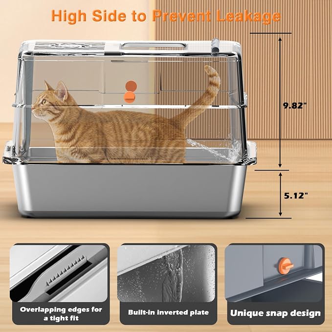 Stainless Steel Litter Box with Lid, Extra Large Litter Box Enclosed Top Entry Metal Litterbox for Big Cats Easy Cleaning Anti-Leakage & High Sided Grey