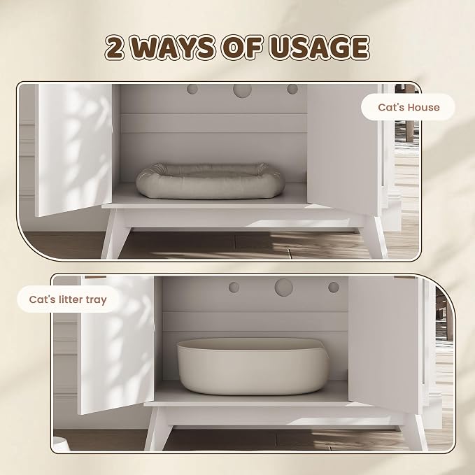 Cat Litter Box Enclosure Hidden Litter Box Furniture with Scratch Pad Cat House Wooden Cat Washroom Cabinet 2-in-1 for Living Room,Hallway,White