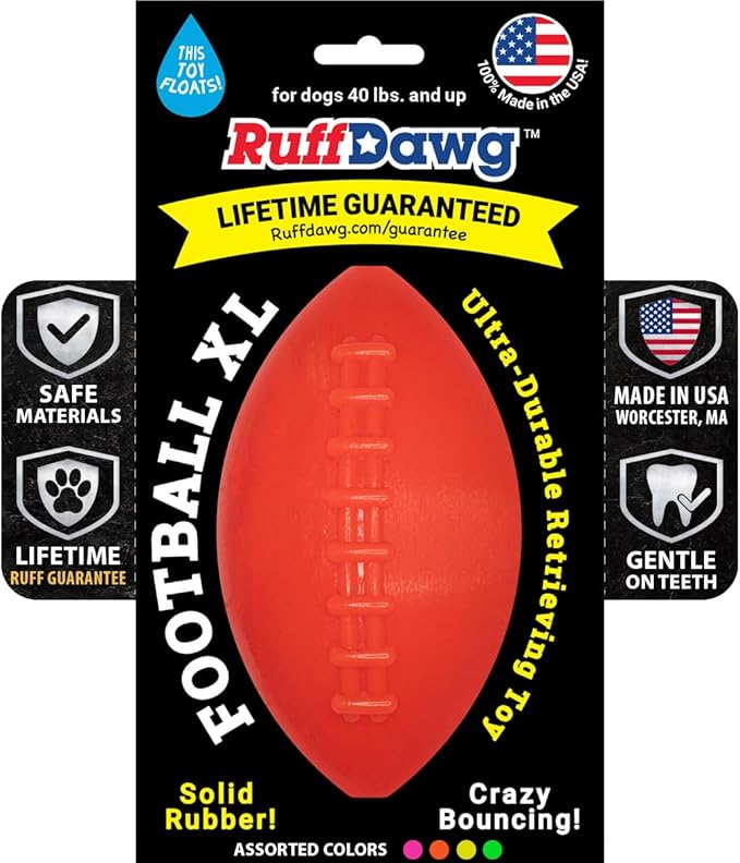 Ruff Dawg Indestructible Football XL 6” Orange – Heavy-Duty Solid Rubber Dog Fetch Toy for Dogs 40 lbs & Up – Floats & Crazy Bounce – Made in USA