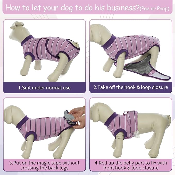 Kuoser Dog Surgery Recovery Suit, Soft Breathable Dog Recovery Suit for Female Spay Male Nueuter, Anti Licking Puppy Onesie Pet Surgical Suit for Dogs Abdominal Wounds Skin Disease, Purple Strips S
