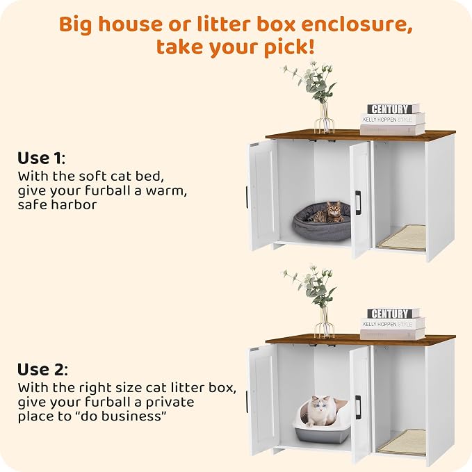 DWANTON Litter Box Enclosure, Cat Litter Box Furniture Hidden, with Scratching Mat, Wooden Cat Washroom Indoor, 31.5" L x 19.7" W x 21.7" H, White and Warm Brown
