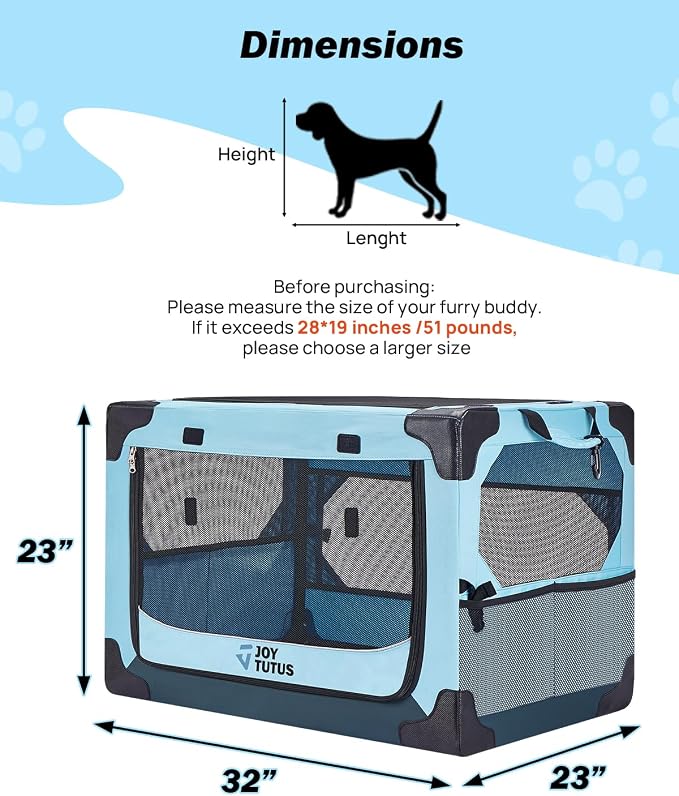 JOYTUTUS 32 Inch Collapsible Dog Crate, Steel Frame 8-Bar Foldable Soft Kennel, Portable Travel Crate for Large Dog Up to 51lbs, Oxford Cat Carrier Fit for Car Travel Indoor Outdoor