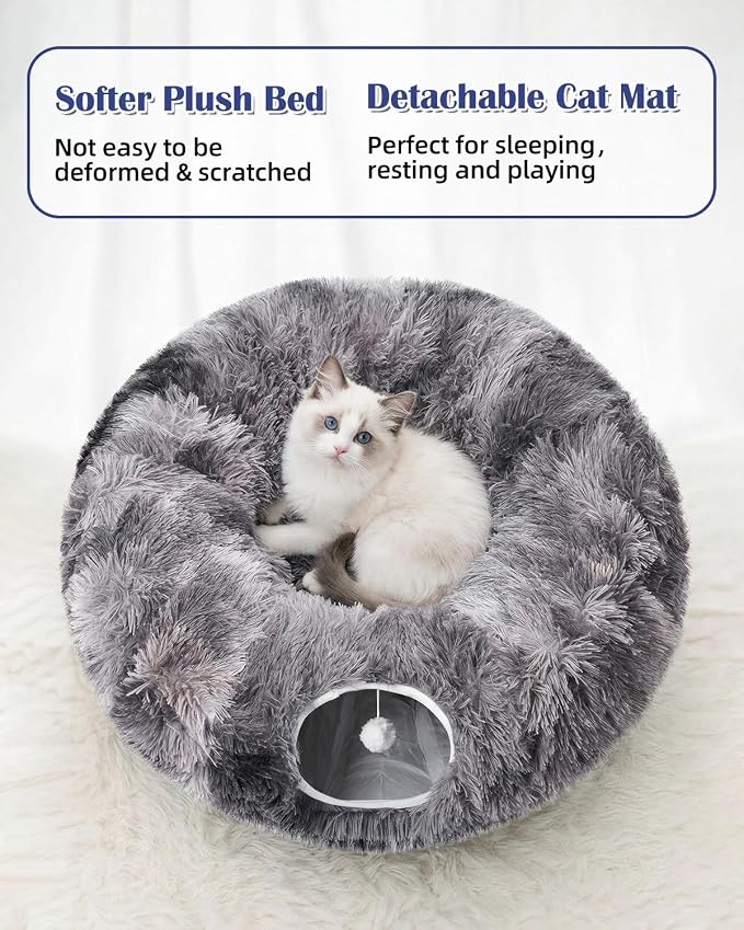 Cat Tunnel Bed with 20 Pcs Interactive Toys, 3-in-1 DIY Collapsible Plush Cat Tube with Washable Mat, Large Indoor Play Tunnel Cave for Kittens and Small Animals