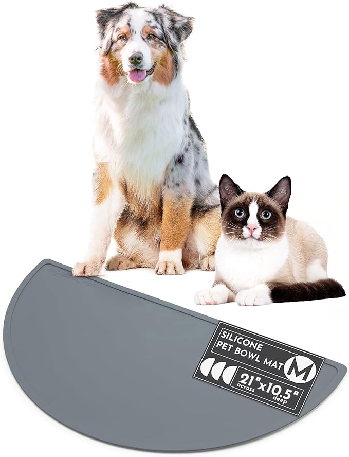 Should We Go? Waterproof Silicone Dog Food Mat – Medium Size Non-Slip Pet Bowl Mat, Raised Edge Design, Easy-to-Clean Pet Food Placemat for Dog & Cat Bowls, 21" Across x 10.5" Deep - Charcoal