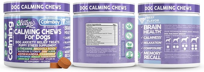 Clean Nutra Calming Chews for Dogs, Dog Anxiety Relief Supplement, L Theanine Ashwagandha Rhodiola GABA Magnesium Valerian Natural Ingredients, 90 Chews, Beef Flavor
