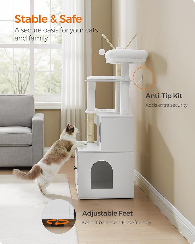 Feandrea Cat Tree with Litter Box Enclosure, 59-Inch Modern Cat Tower, 2-in-1 Condo with Scratching Posts, Washable Removable Cushion, Cloud White UPCT113W01