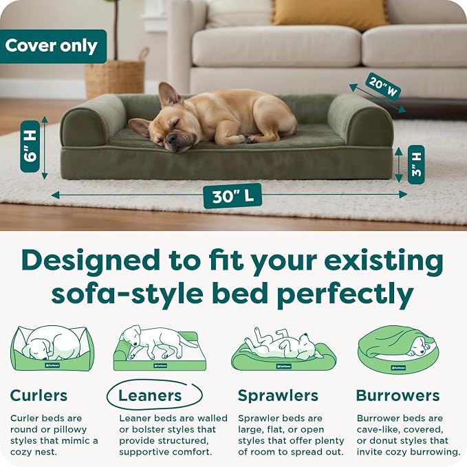 Furhaven Replacement Dog Bed Cover Faux Fur & Velvet Sofa-Style, Machine Washable - Dark Sage, Medium