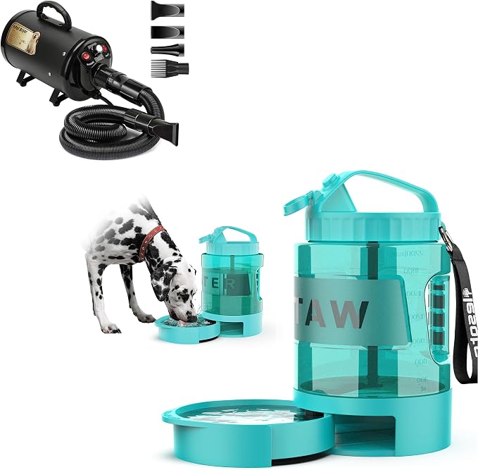 77OZ Large Dog Water Bowl Dispenser with Pull-Out Travel Water Bowls for Dogs + Dog Dryer for Pet Grooming, 3.2HP Adjustable Speed Temp Pet Hair Dryer