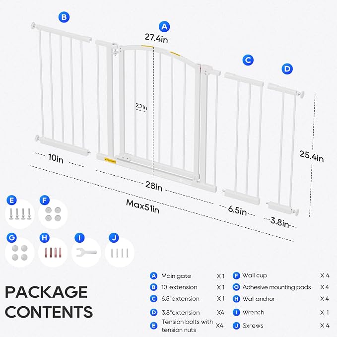 FDW 27” Tall Arched Extra-Wide Pet Gate,Adjustable 28”-51” Openings Walk-Through Metal Safety Gate for Indoor Stairs & Doorways, White