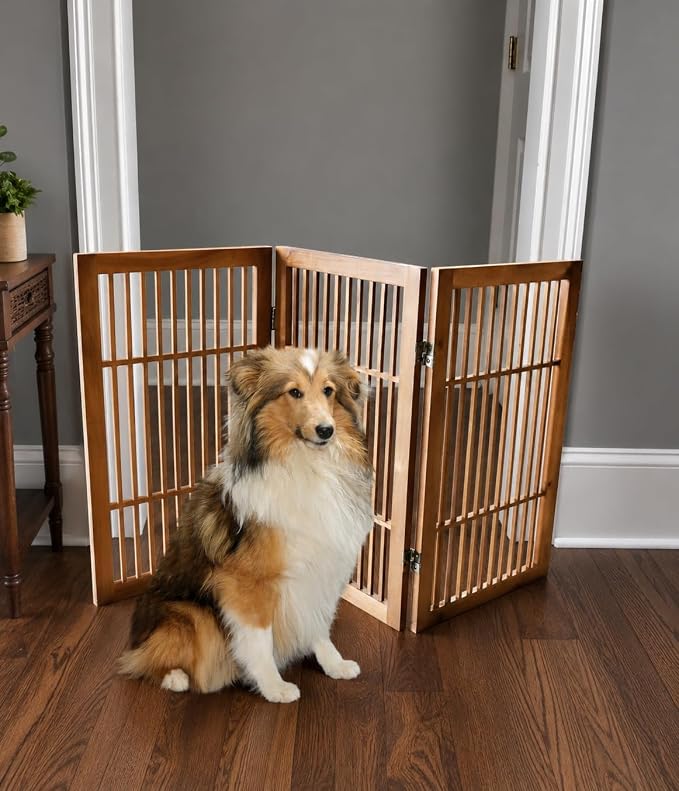 Urnporium Pet Dog Gate Freestanding, Strong Durable Folding Wooden Fence, Portable Acacia Hardwood Safety Barrier for Indoor & Outdoor Use (Brown Pet Gate, 3 Panel 30" Tall)