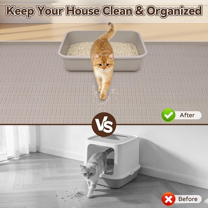 Kalolary Large Cat Litter Box Mat, 47" x 35" Silicone Litter Trapping Mat for Cats, Trapping Mat for Scatter Control with Raised Edge Waterproof Silicone Pad for Floor Non-Slip Easy to Clean (Beige)
