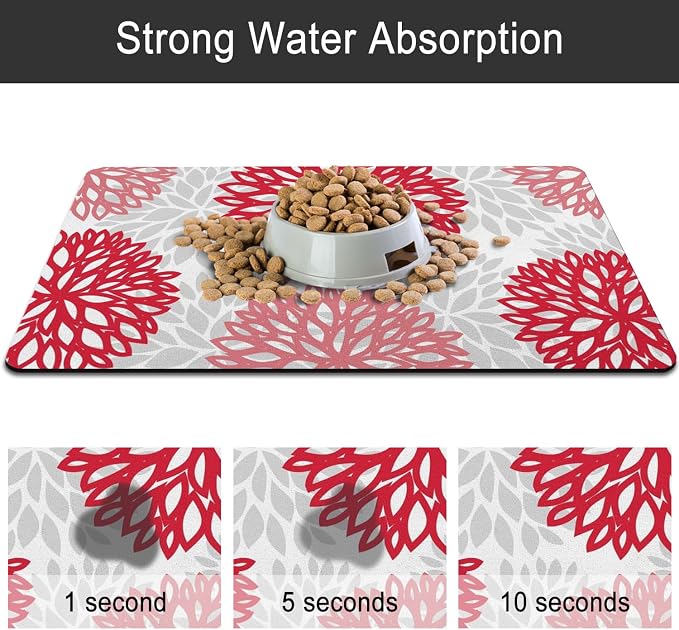 Dog Food Mats for Floors, Absorbent and Quick-Drying Pet Cat Food Mat,Anti-Fouling and Easy-to-Clean Pet Feeding Mat,Dog Bowl Mat for Messy Drinking Water Bowls.16x24, Bohemia Dahlia Floral Style