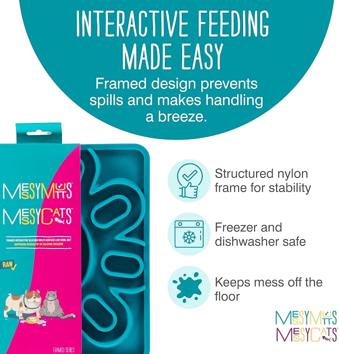 Messy Mutts and Cats Framed Silicone Multi-Surface Lick Mat | 9.5” x 9.5“ | Slow Feeder Mat for Boredom & Anxiety | Interactive Lick Pad for Dogs and Cats | Blue