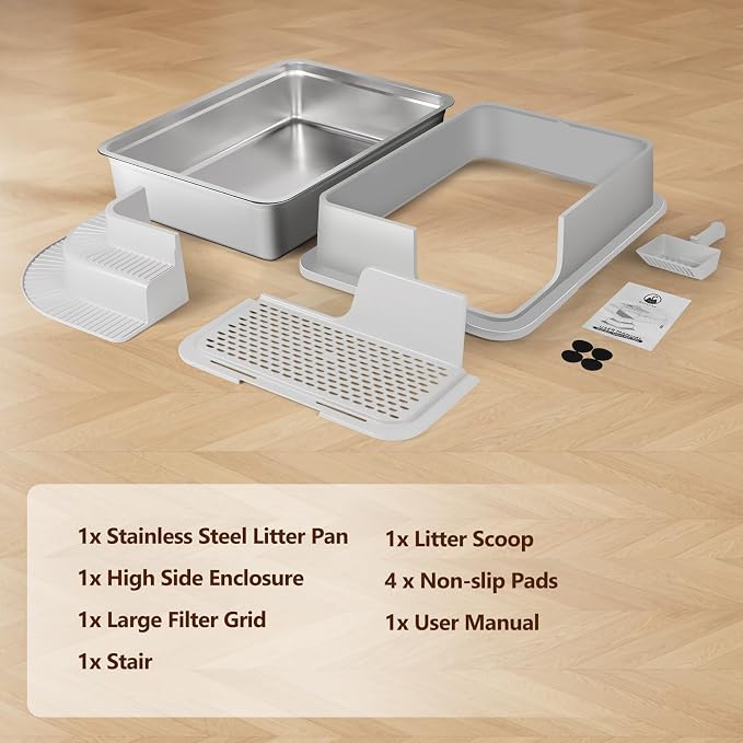 XXXL Stainless Steel Litter Box, 28"x20"x12" Extra Large Semi Enclosed High Sided Metal Cat Litter Box with Filtered Grid, Step, Scoop, Non-Sticky, Non-Odor, Easy Cleaning (Light Gray)