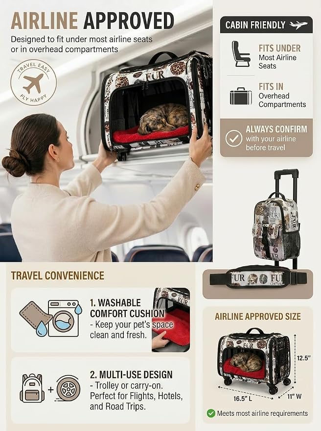 Airline Approved Pet Carrier with Wheels – 6 Removable 360° Spinner Wheels, Telescopic Handle with Phone Holder, Expandable Ventilated Cat & Dog Travel Carrier