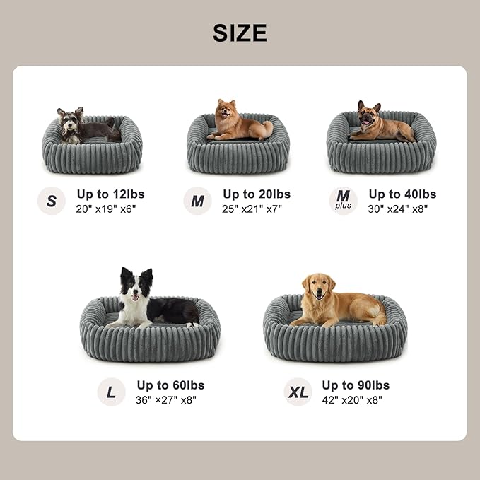 FURTIME Dog Beds Large Sized Dog, Washable Orthopedic Pet Bed with Removable Cover, Rectangle Soft Calming Sleeping Puppy Bed Durable Pet Cuddler with Anti-Slip Bottom, Grey, L(36"x27"x8")