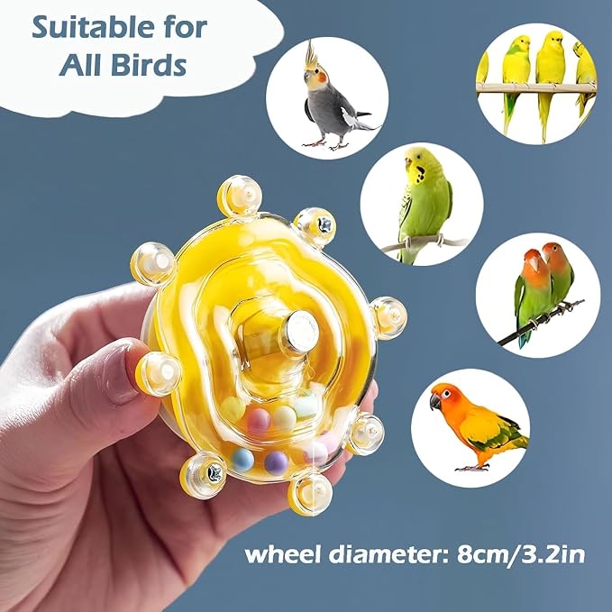 Bird Perch Toy with Mirror for Cage, Wooden Interactive Rocking Exercise Wheel, Spinner Rattle Chewing Enrichment Toy, Cage Accessories for Parakeet Cockatiel Conure (1pc, Random Color)