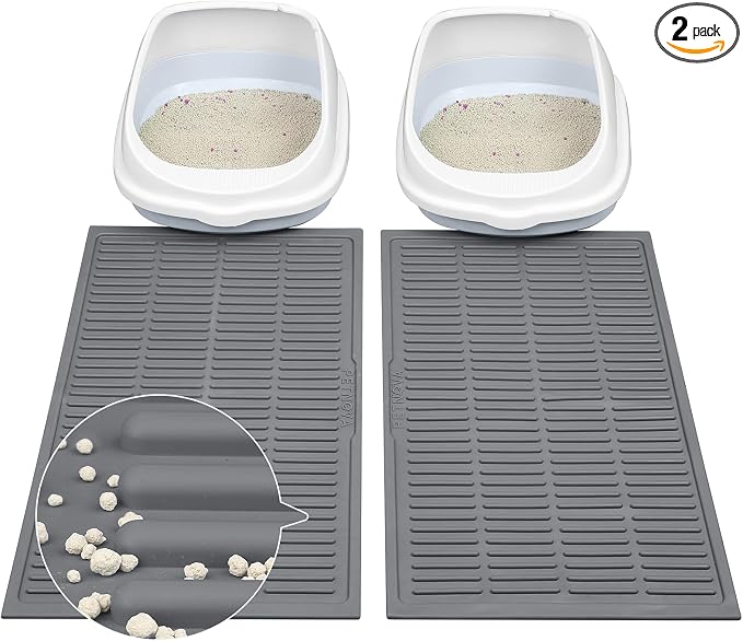 Cat Mat for Litter Box: Groove Design for Scatter Control - Easy Clean Silicone Cat Litter Mat (24"x15",Pack of 2,Grey)