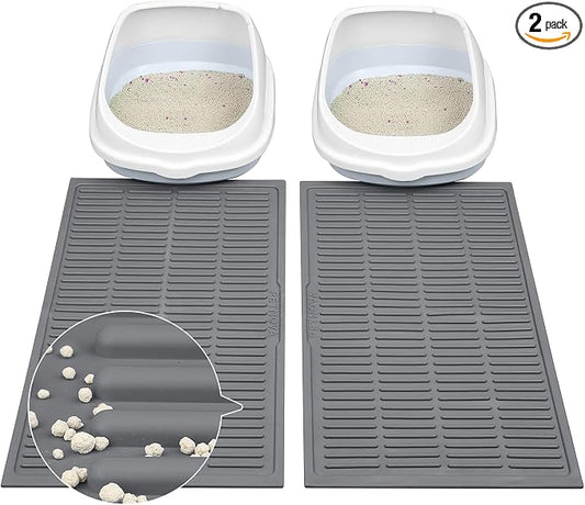 Cat Mat for Litter Box: Groove Design for Scatter Control - Easy Clean Silicone Cat Litter Mat (24"x15",Pack of 2,Grey)