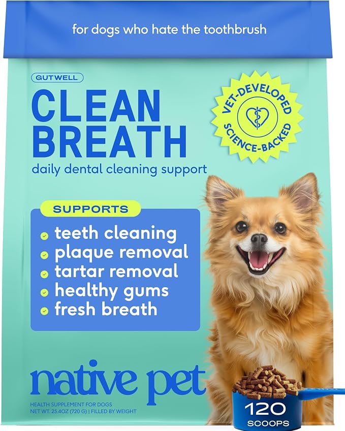 Native Pet GutWell Clean Breath - Dog Breath Freshener & Dog Teeth Cleaning Powder Cold-Pressed to Reduce Plaque, Tartar & Promote Oral Health with Triple-Biotic Blend, Brown Algae & Zinc -120 Scoops