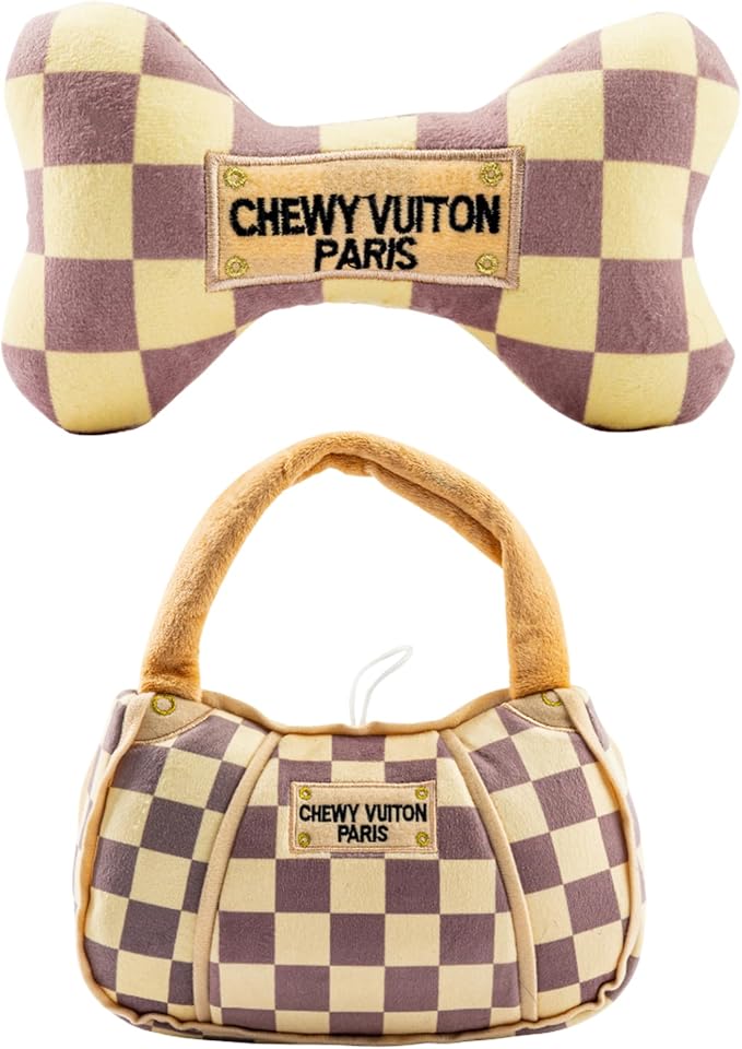 Haute Diggity Dog Chewy Vuiton Bone & Handbag Plush Squeaky Dog Toys, Soft Durable Designer-Inspired Stuffed Puppy Chew Toys for Medium & Large Dogs, Machine-Washable (Tan Checker) Large 2 Pcs