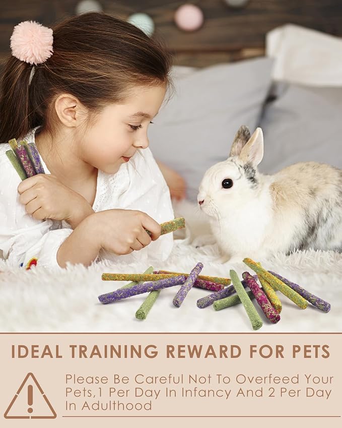 Bissap 22PCS Rabbit Chew Sticks, Mixed Natural Flower Rose Dahlberg Daisy and Forget-me-not Timothy Hay Chew Toys Treats for Rabbit Bunny Chinchilla Guinea Pig Hamster Other Small Animals Molar Snacks