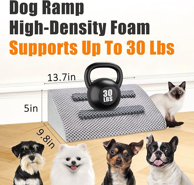 Dog Ramp for Stairs with Anti-Slip Bump for Small & Senior Dogs and Cats – Stair Wedges for Dogs with Gentle Slope, Pet Ramp with Washable Cover & Self-Sticky Pads for Safe Climbing (Gray, 1 Pack)