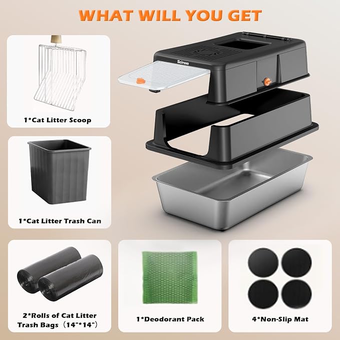 Stainless Steel Litter Box with Lid, Extra Large Litter Box Enclosed Top Entry Metal Litterbox for Big Cats Easy Cleaning Anti-Leakage & High Sided Black