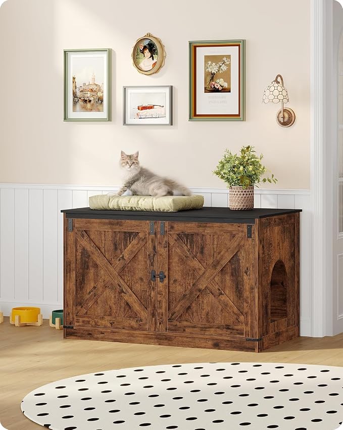 Hzuaneri Cat Litter Box Enclosure with Cushion, Hidden Litter Box Furniture with Removable Dividers, Reversible Entrance Left or Right Side, Cat House, Rustic Brown and Black CB84701X