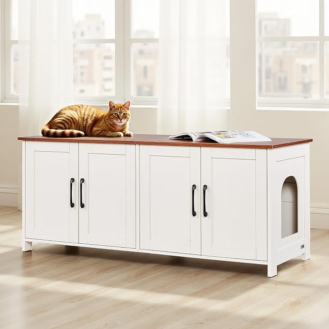 VEVOR Cat Litter Box Enclosure for Multi Cats, 47.2 in Hidden Litter Box Cabinet with 4 Doors & 2 Entries, Indoor Cat Washroom, Wooden Kitty House Furniture, Fit Most Litterboxes, Brown & White