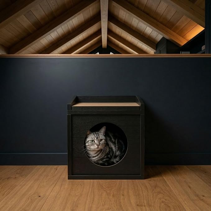 Meowdium Cat House for Indoor Cats – Cat Condo with 5X Longer-Lasting Cardboard Scratcher, 2 Scratcher Levels, Hideout & Top Lounge, Black