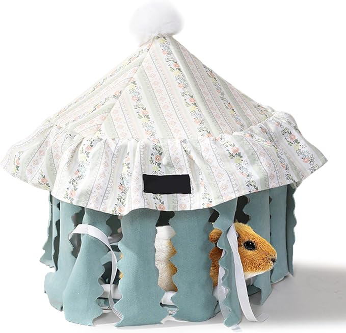 Hamster Hideout Tent with Curtain,Bunny Hideout, Machine Washable Guinea Pig Hide Tent Houses & Habitats, Triangular Hideout Shelter Small Animal Bed,Ferret, Rat, Chinchilla, Squirrel（Round）